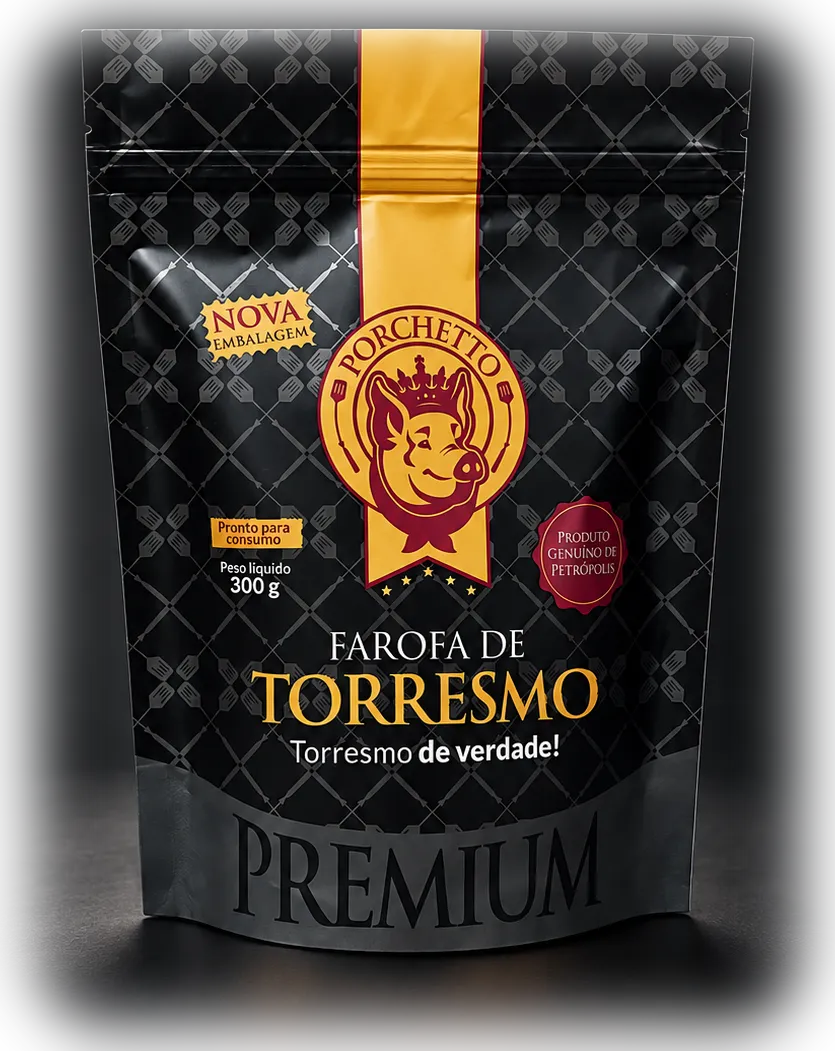 Pacote preto da Farofa de Torresmo Porchetto Premium de 300g, com faixa amarela e o selo do porco coroado
